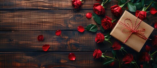 Valentines Day Gift Box And Red Roses On Wooden Background Top View
