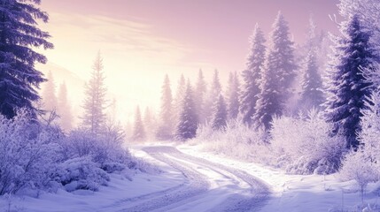 Winter panorama banner featuring a snow covered forest trees and road at sunrise A serene winter morning landscape showcasing a purple hue perfect for New Year and Christmas themes