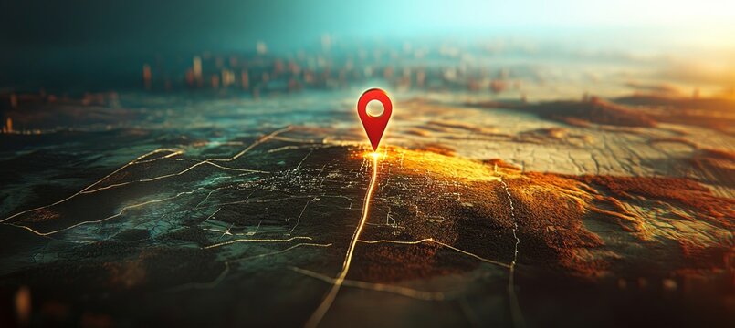 Red Location Pin Glowing on City Map, Navigation and Global Positioning System Concept