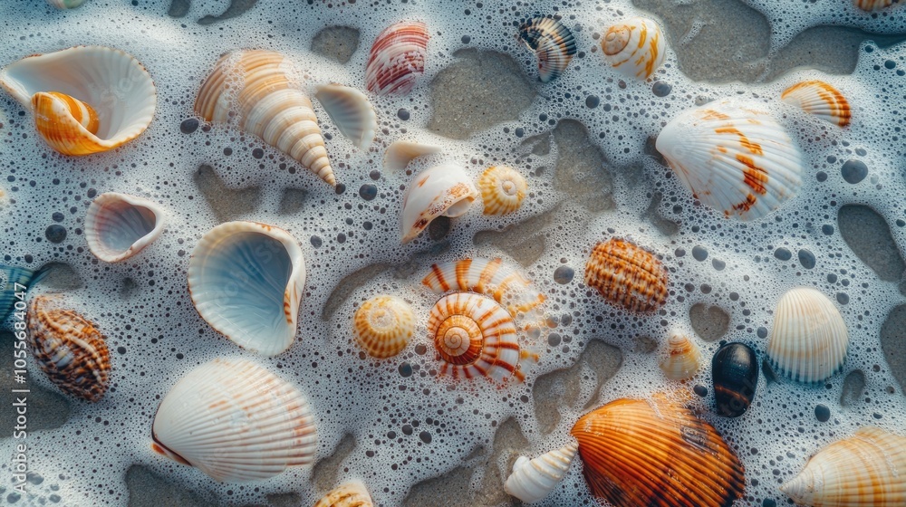 Poster colorful seashells in diverse shapes scattered across wet sandy shore with soft waves and frothy bub