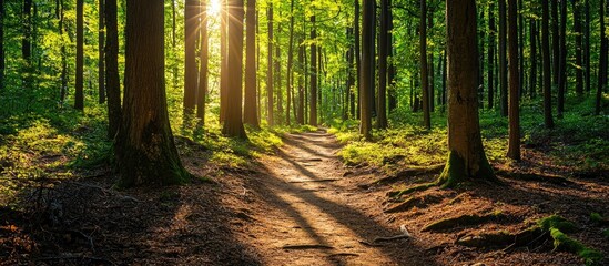 Fototapeta premium Deciduous Forest With Big Trees And A Hiking Trail