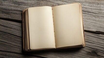 Blank notebook on a wooden surface Open notepad placed atop a desk Unfilled catalog resting on a wooden backdrop for design purposes