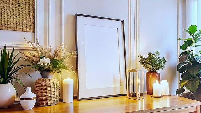  Blank Frame Mockup. A cozy bohemian-inspired room with a blank picture frame on a wooden surface, decorated with pampas grass, greenery, and rustic vases.
