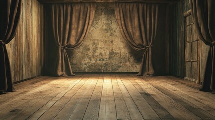 Empty room featuring wooden flooring and walls adorned with curtains offering free space for background wallpaper