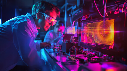 Engineers testing 6G wireless technology prototypes in a lab, with advanced network equipment and holographic data transmissions
