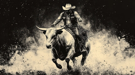 Thrilling action of a rodeo cowboy riding a bull with dusty background and intense energy