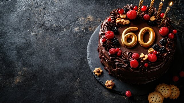 Banner featuring a chocolate birthday cake adorned with berries cookies and golden candles shaped as the number sixty on a black background with space for text