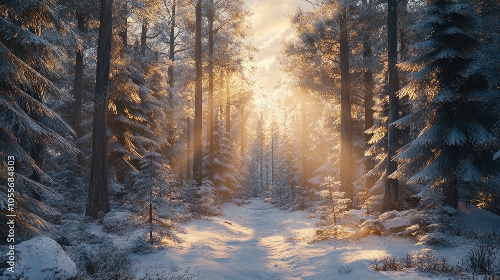 Poster sunlight filters through a snowy forest illuminating the tranquil landscape