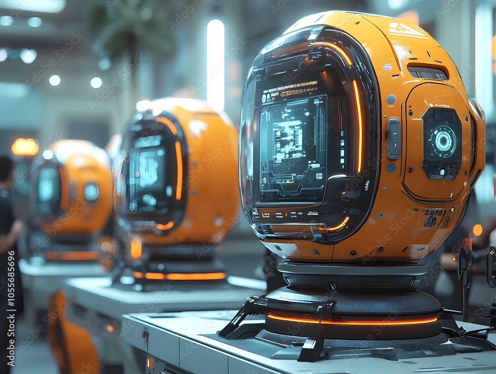 Poster futuristic orange robotic devices displayed in a high-tech environment.