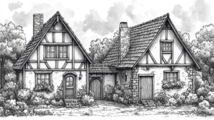 Charming old european houses sketch with rustic architectural details