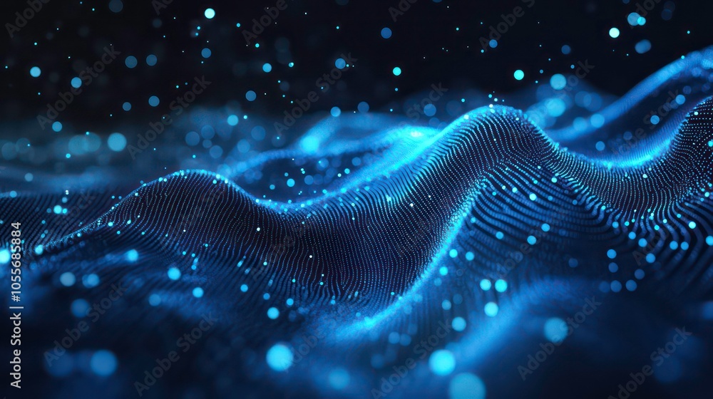 Poster Abstract representation of waves with glowing particles in a digital landscape.