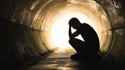 A depressed silhouette man sitting in a dark tunnel with a light at the end. alcoholism or bullying, despair hope, fear failure, anxiety, addiction concepts.