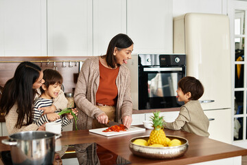 An Asian family enjoys cooking festive treats in a modern kitchen while preparing for Christmas.