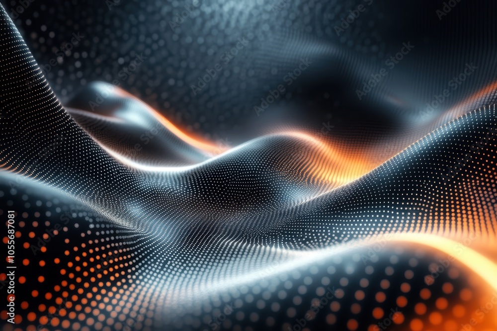 Poster dynamic abstract landscape with flowing patterns in orange and black tones illuminated by light