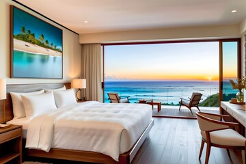 Fototapeta premium Modern hotel room with comfortable king-size bed, elegant wooden furniture, and ocean views at sunset from the windows.