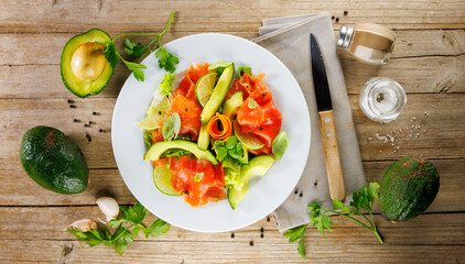 smoked salmon with avocado and basil salad