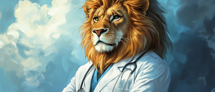 A lion dressed in a doctor's coat gazes confidently at the viewer, merging the traits of strength and healing in a surreal setting filled with clouds