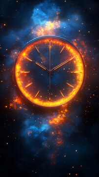 A minimalist clock with a vertical countdown set against a cosmic background of vibrant colors
