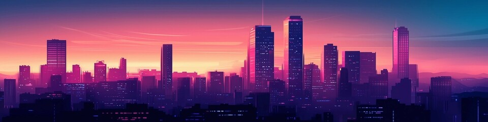 Vector flat cartoon cityscape at sunset, skyscrapers and trees,gradient background,web banner.