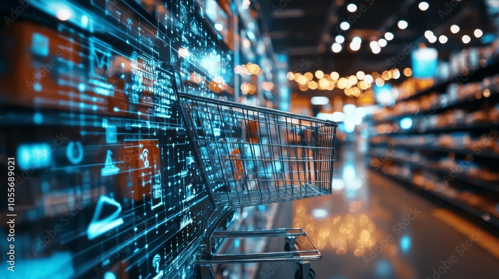 Poster shopping cart with digital interface in a tech-driven store