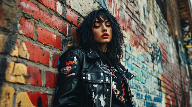 A girl wearing a leather jacket leaning on a graffiti-covered brick wall. Urban fashion shoot with a model in edgy, streetwear clothing.