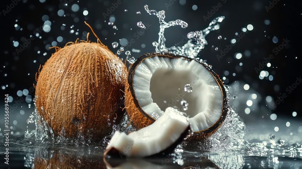 Poster a coconut split open with splashes of water, showcasing its interior and texture.