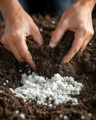 Hands mixing soil and white granules, likely for gardening or planting purposes.