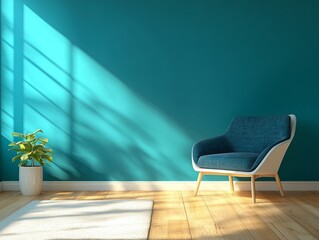Minimalist living room with teal walls, light neutral decor, and cozy accents