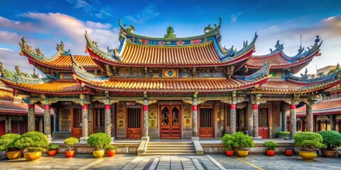 Naklejka premium Longshan Chinese Buddhist Temple in Taipei, featuring intricate architectural details, colorful decorations