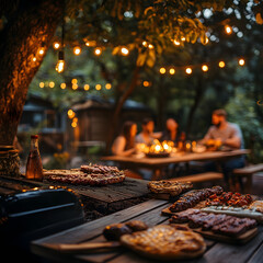 A cozy backyard barbecue gathering with glowing string lights, delicious grilled food, and friends enjoying a warm evening together