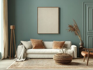 Teal-colored walls, light neutral decor, and cozy accents in a minimalist living room, offering a serene and sophisticated winter vibe