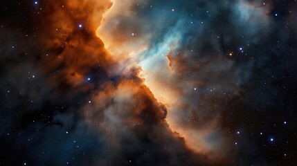 Colorful cosmic nebula in deep space with bright stars and swirling clouds of gas and dust in vivid hues of orange and blue, creating a dramatic celestial scene.