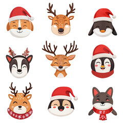 Fototapeta premium Set of cute animal Christmas avatars with Santa hats, including reindeer, dog, fox, and penguin, isolated on transparent background