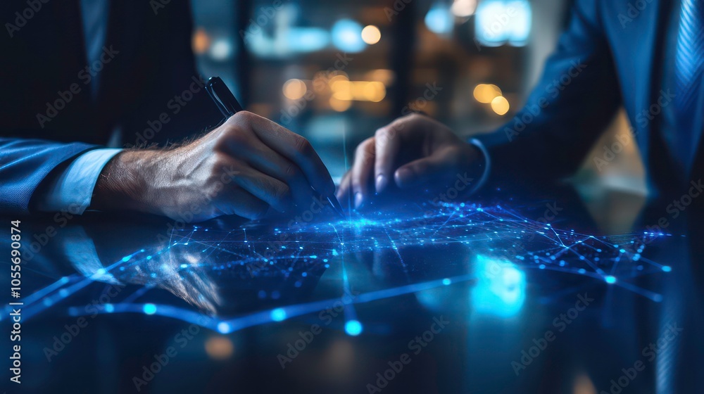 Poster Hands working on a digital interface with glowing connections and data visualization.