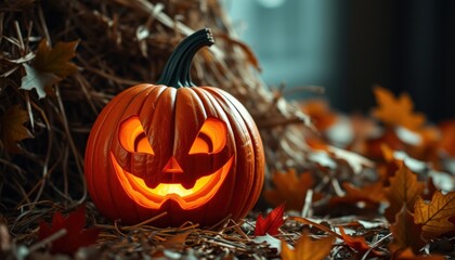 Spooky jack-o'-lantern in autumn leaves