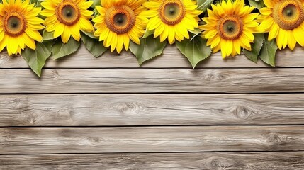 Obraz premium Vibrant sunflowers displayed against a rustic wooden background, providing ample copy space for text or design elements. This arrangement highlights the natural beauty of the flowers while inviting cr