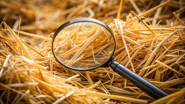 Close-up of a loupe searching for a needle in a haystack, needle, haystack, search, find, magnifying glass, challenge, difficulty