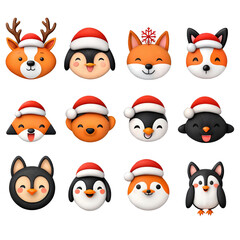 Obraz premium Set of adorable animal Christmas icons with Santa hats, including reindeer, penguin, fox, bear, and dog, isolated on transparent background