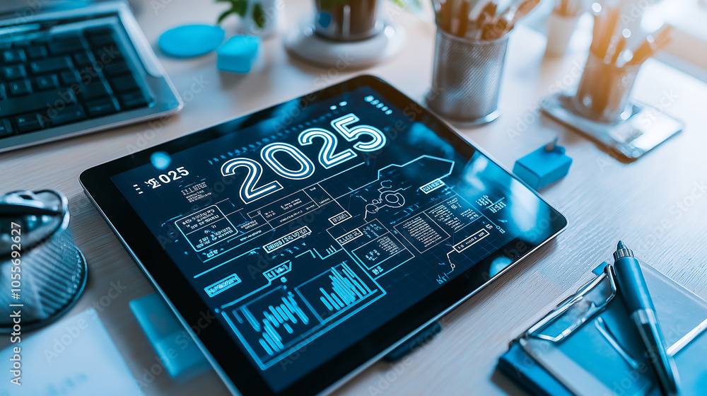 Poster high angle view of modern desk setup featuring tablet displaying 2025 data analytics, with keyboard,
