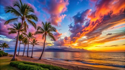Beautiful Kaanapali Beach sunset with palm trees and colorful sky , Hawaii, Maui, Kaanapali Beach, sunset, palm trees