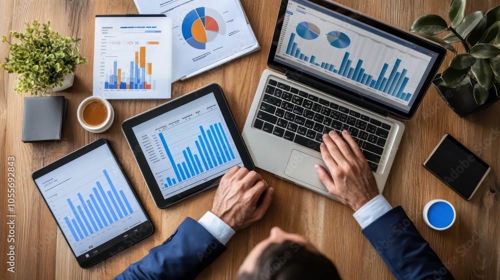 Poster A person analyzing data on multiple devices with graphs and charts displayed.