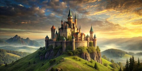 Fototapeta premium Old fantasy castle standing on a hill , castle, ancient, medieval, architecture, hilltop, historic, kingdom, stone