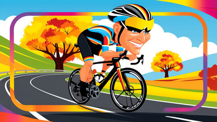 Fototapeta premium professional male cyclist riding on road in autumn, cartoon style, flat illustration