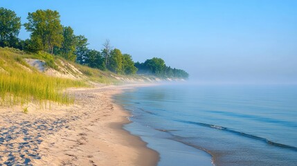 Tranquil Beach at Dawn with Mist and Greenery