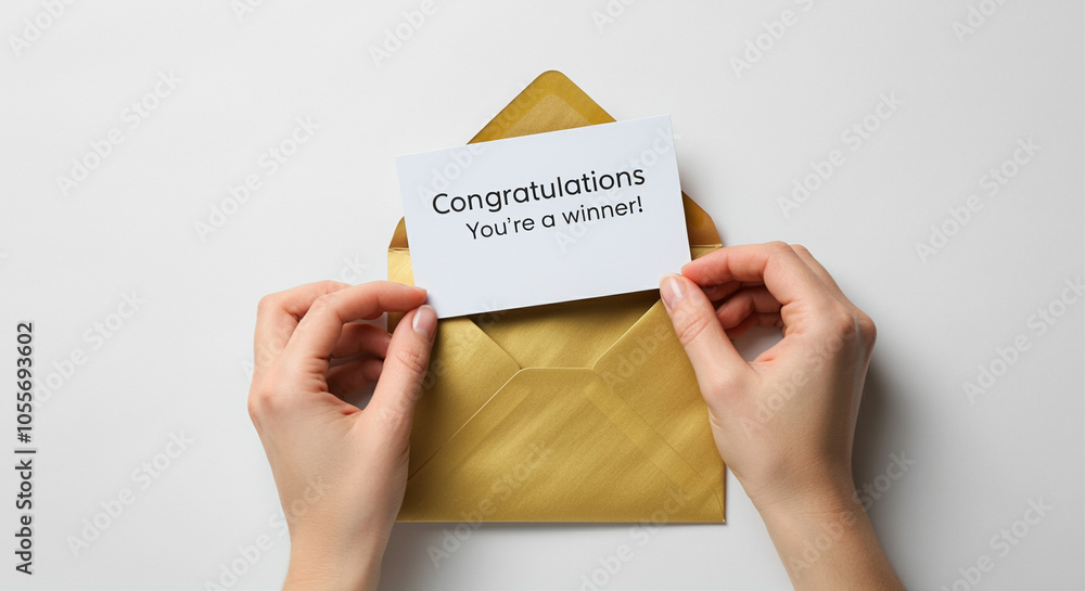Poster hands holding a winner card and envelope congratulating recipient in golden color with message for m