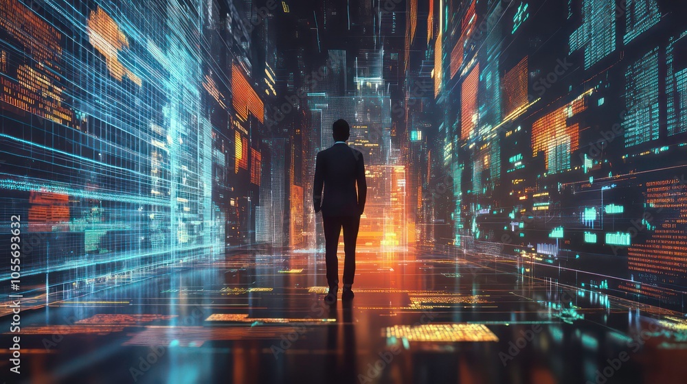 Aufkleber a silhouetted figure stands in a futuristic digital landscape filled with data streams.