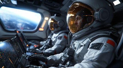 Fototapeta premium A group of astronauts inside a spacecraft, working together in a zero-gravity environment.