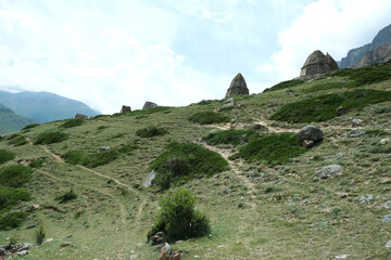 Medieval stone burial grounds of Fardyk-Keshene on slope near the village of Eltyuby and Bulungu in...