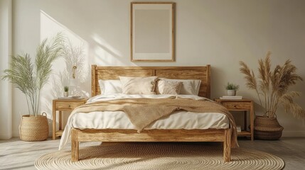 Minimalistic composition of bedroom interior with wooden bed, mock up poster frame, rattan basket, plants, books and elegant accessories