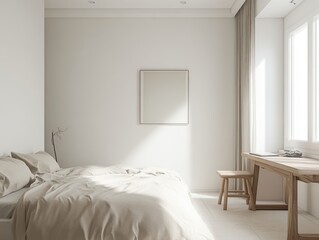 Minimalist bedroom has white walls, a simple wooden desk, and light-colored bedding for a peaceful ambiance